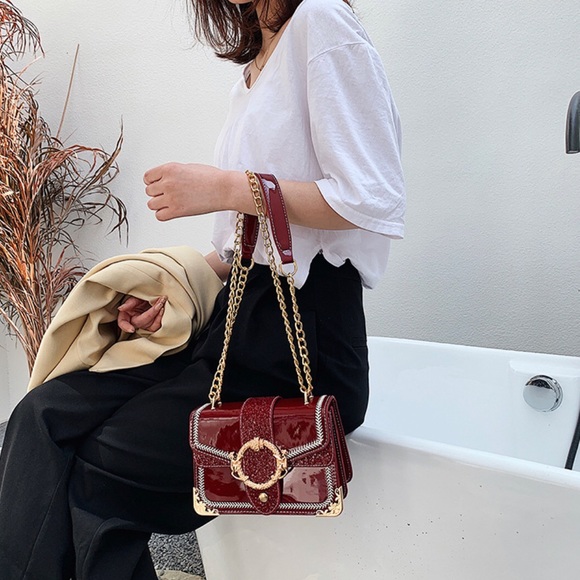 Graphite Chain Glitter Leather Shoulder Bag / Crossbody Bag (Red) - Picture 4 of 5